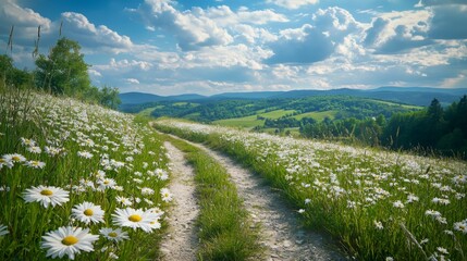 Serene Pathway Through Flower-Filled Meadow Under Blue Sky