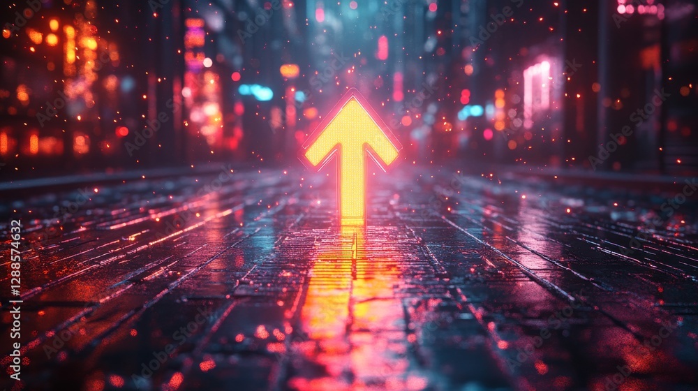 Poster neon arrow pointing upwards on wet city street with reflections at night, cyberpunk atmosphere. futu