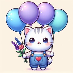 cute kitten holding balloons in hand