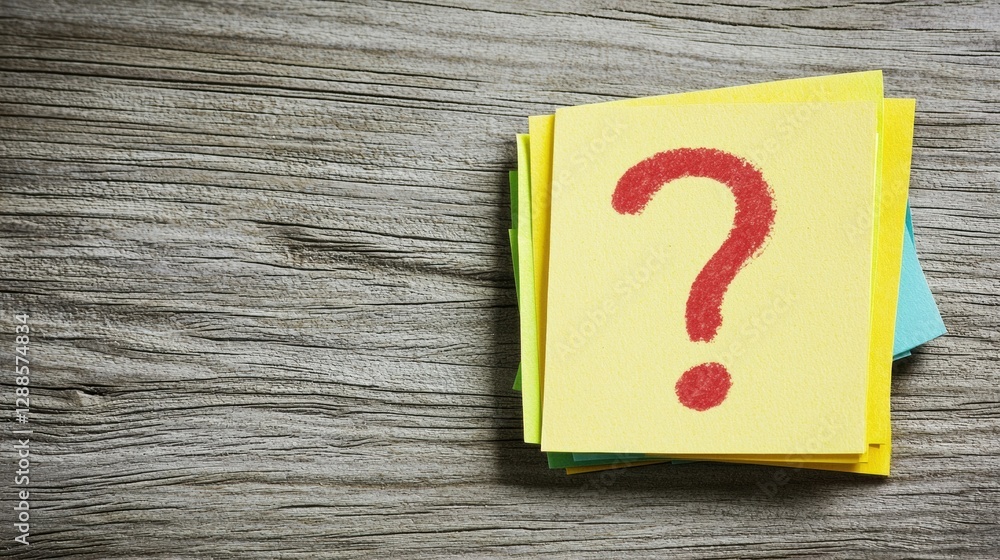Poster colorful sticky notes in stack with a red question mark, inviting curiosity.