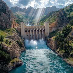 Dam releases water in mountain gorge with radiant sunlight shining through rocks