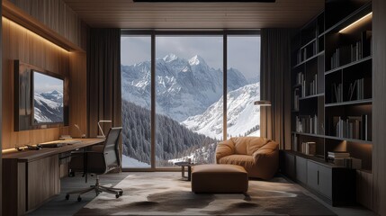 A chic, minimalist home office with a mountain view from a high-altitude haven, designed for comfort during extended stays.