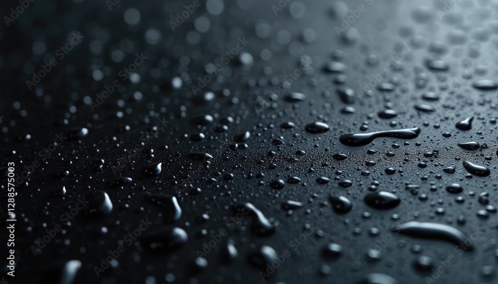 Leinwandbilder Close-up rain droplets create intricate patterns on dark surface with blurred light color background. Raindrops of water form abstract design. Wet black texture reflects ambient light.