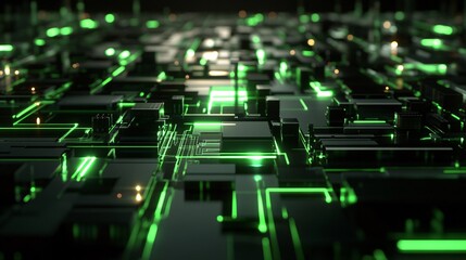 Fototapeta premium High-Contrast Abstract Circuit Board with Illuminated Green Pathways