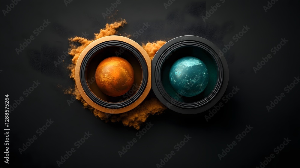 Poster dual celestial spheres planets or orbs floating and orbiting each other in a deep dark void of myste