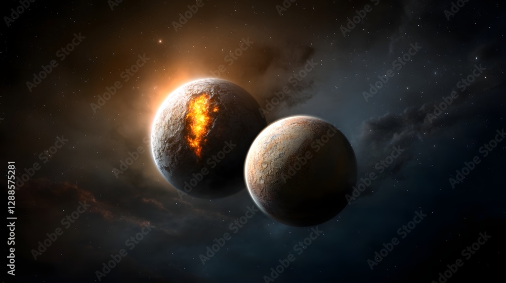 Aufkleber dual luminous planets orbiting each other in a mysterious deep space void with a dramatic fiery and 