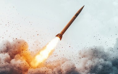 Powerful missile rocket fiery trail, soaring through clouds. Dynamic energy.