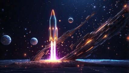 Digital illustration of a rocket made of glowing orange geometric lines and points