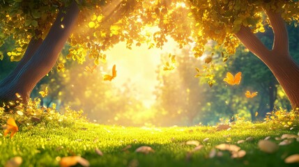 Sunlight illuminates a beautiful scene of a magical autumn forest