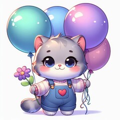 cute kitten holding balloons in hand