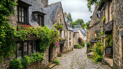 Charming cobblestone street in a picturesque village with flowers
