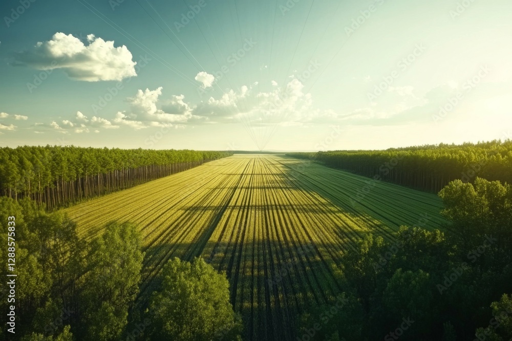 Poster lush green fields stretch under a clear sky with fluffy clouds. tall trees line the horizon, creatin
