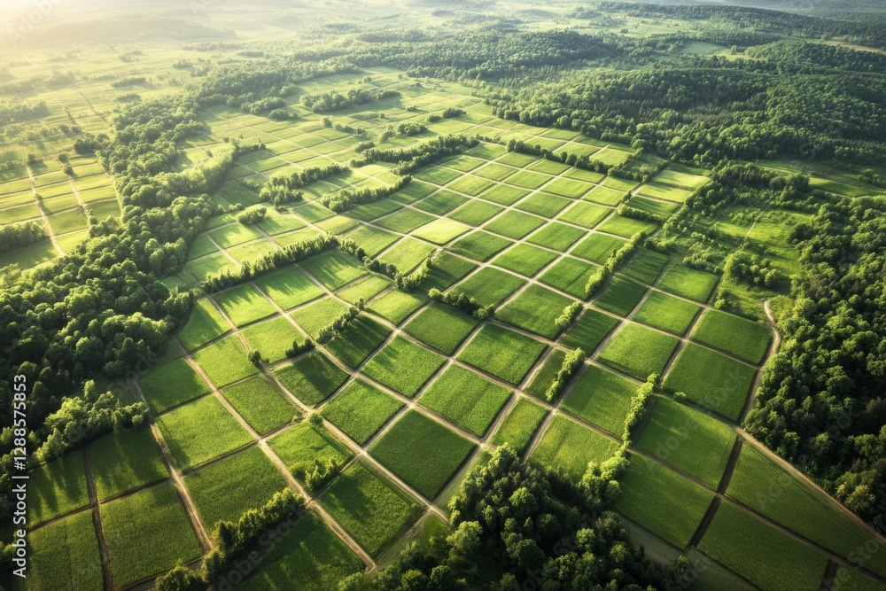 Poster expansive green fields are divided into neat plots, surrounded by dense forests, illuminated by soft