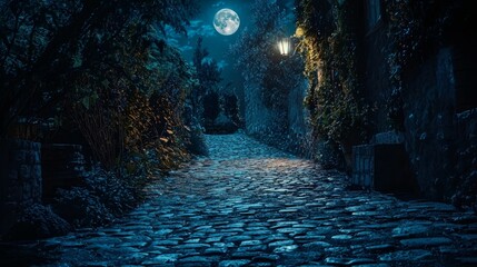 Serene Moonlit Cobblestone Pathway in Enchanted Night Landscape