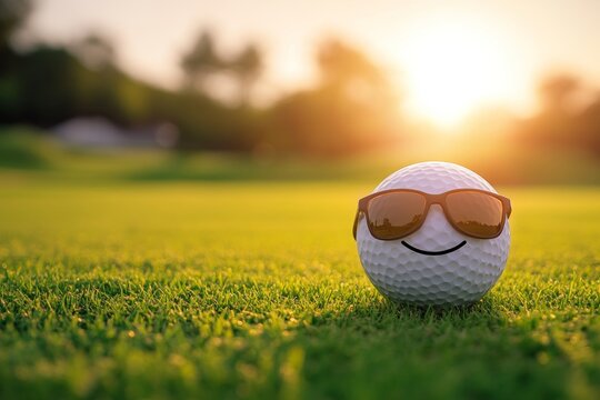 Playful golf ball with sunglasses and smiley face on lush green grass during golden hour