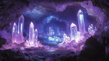 Glowing Crystal Cave with Sparkling Rocks and Magical Blue Light