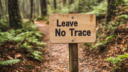 Hiking Path Adorned with Wooden 'Leave No Trace' Sign