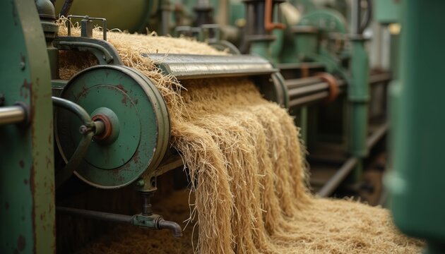 Close-up of industrial hemp fiber processing machinery. Natural material processed for textile production in plant. Sustainable agriculture, environmentally friendly manufacturing for green industry.