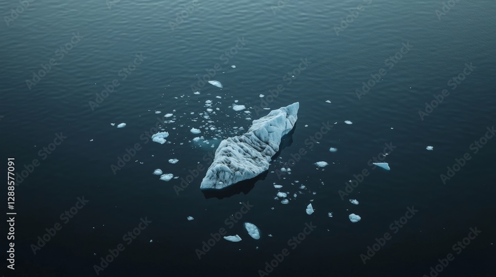 Poster aerial view of an iceberg and smaller pieces of ice floating on the surface of dark blue water, crea