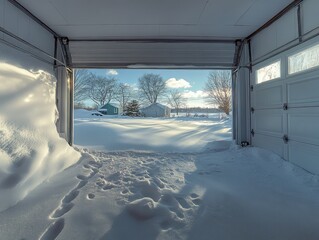 Snowy Winter Landscape Viewed from Open Garage Door, Footprints in Deep Snow