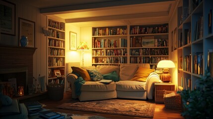 Cozy Reading Nook with Warm Lighting and Abundant Bookshelves