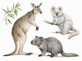 set of marsupial animals isolated on white