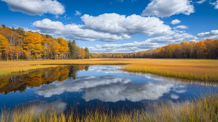 Fototapeta premium Autumnal Pond Reflection: Golden Trees and Blue Sky