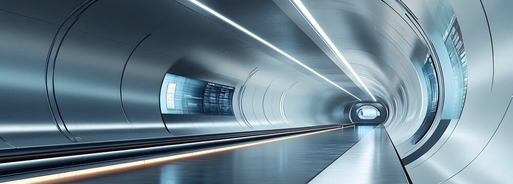 A futuristic hyperloop station with sleek architecture and digital screens