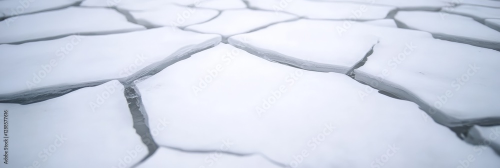 Poster close up view of cracked ice forming geometric shapes on the surface of a frozen lake, creating a me