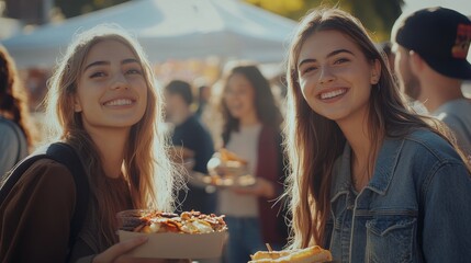 Gen Z friends at a street food festival. Featuring culture and exploration