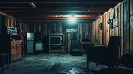 Abandoned Retro Room with Old TV and Vintage Furniture