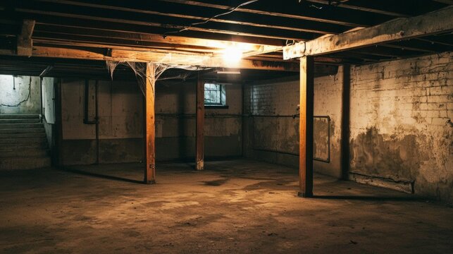 Empty and Dark Basement with Wooden Beams and Stairs Leading Up