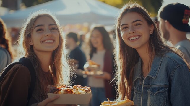 Gen Z friends at a street food festival. Featuring culture and exploration