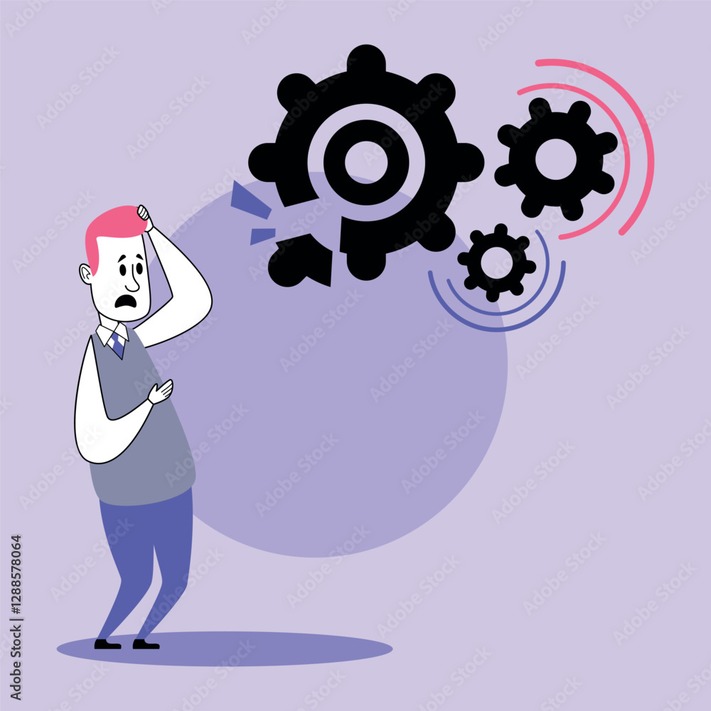 Poster businessman with worried expression scratching his head while observing series of gears in malfuncti