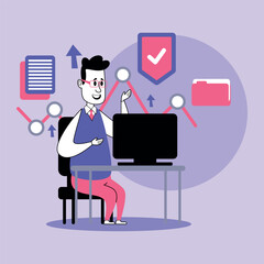 Individual engaged in business meeting, presenting data on computer. Productivity and organization concept