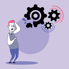 Businessman with worried expression scratching his head while observing series of gears in malfunctioning state. Challenges faced in corporate environment concept