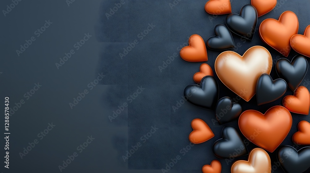 Poster elegant and luxurious 3d rendered glossy metallic heart designs symmetrically arranged in a blank sp