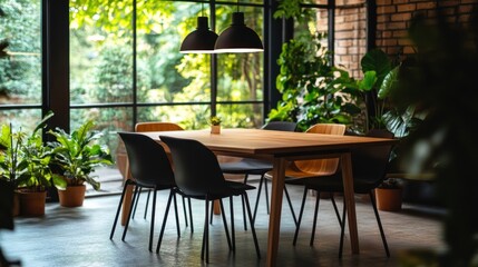 Modern wood dining table in sunlit conservatory