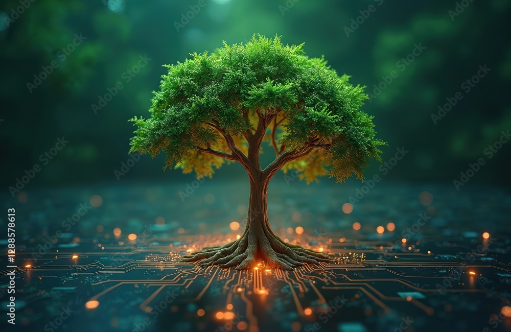 Aufkleber illustration of tree growing from circuit board, roots intertwine with electronics. integration of n