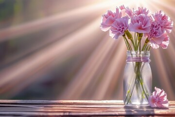 A beautiful bouquet of pink carnations in a glass jar, illuminated by soft sunlight, creating a serene and inviting atmosphere.