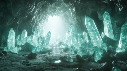 Crystals Glowing in Dark Cave Light Fantasy Mineral Scene