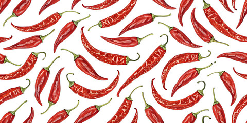 Fiery Red Pepper Pattern: A vibrant  Seamless pattern of red chili peppers. Each pepper showcases a unique curve, with a seamless layout that evokes energy and freshness. 
