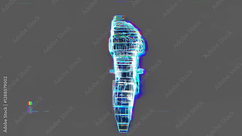 Poster a glitch art style video with a side angle view of a 3d wireframe structure, featuring vibrant neon 