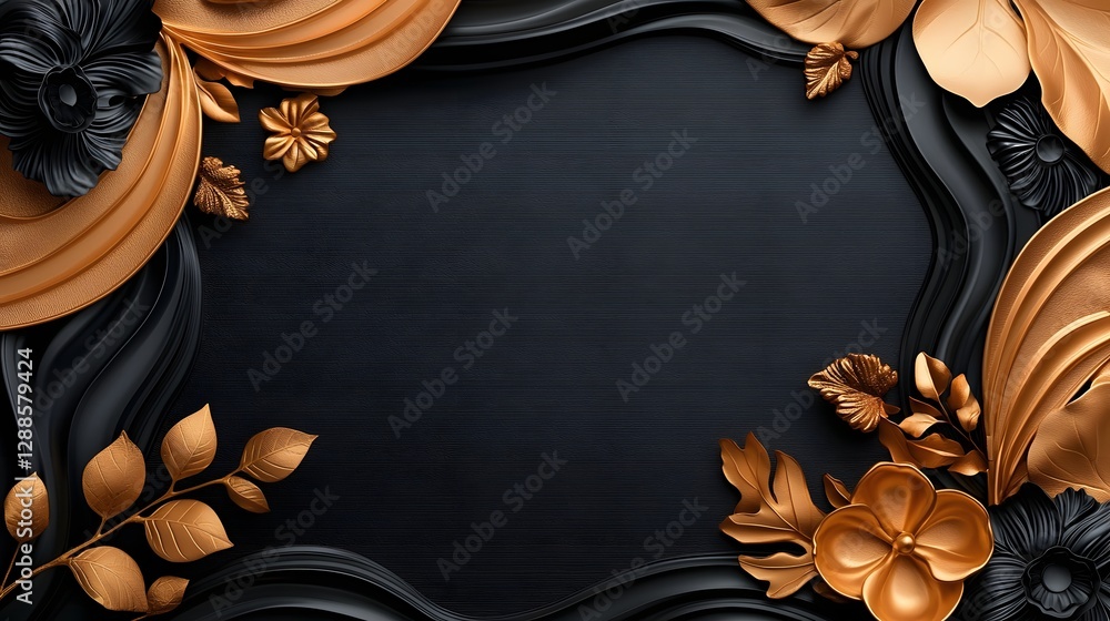 Poster Elegant and ornate baroque style gold frame details with floral patterns and flourishes on a deep black background creating a luxurious and grandiose visual display