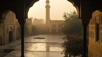 Fototapeta premium Sunrise Mosque Courtyard, Central Asia, Hazy Morning, Architectural Detail, Travel