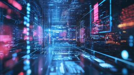 Obraz premium Futuristic Digital Corridor with Glowing Data Streams and Lights