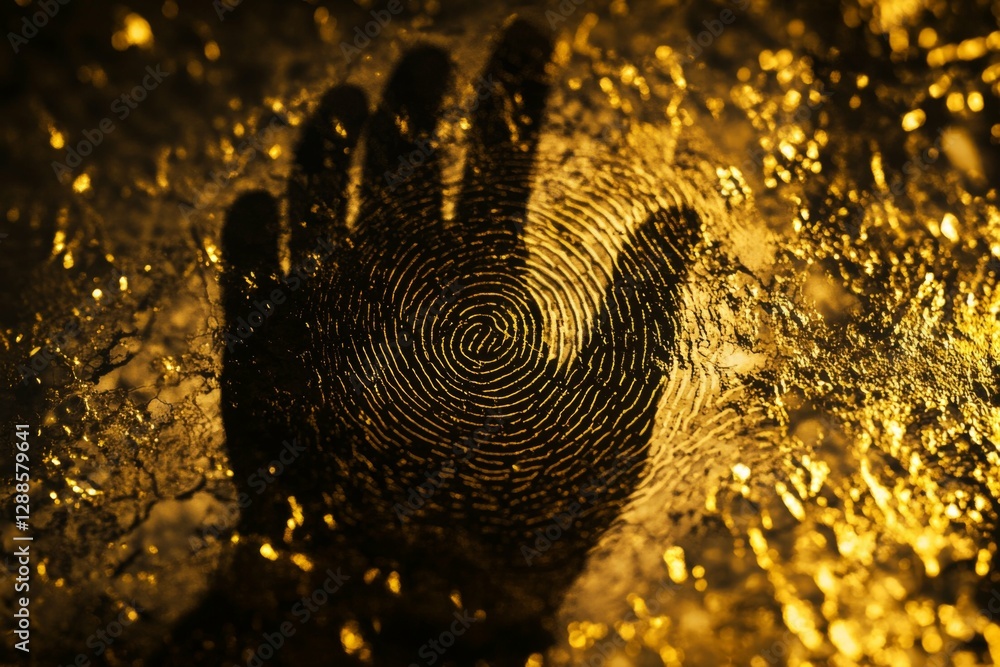 Poster a handprint creates a captivating fingerprint pattern on a textured surface under golden light, show