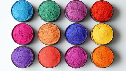 A row of colorful bowls with different colored powders