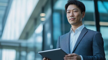 Fototapeta premium Ambitious Asian Businessman Holding Tablet in Modern Corporate Environment, Representing Innovation, Intellectual Property, and Technological Progress on World Intellectual Property Day in a Cool Blue