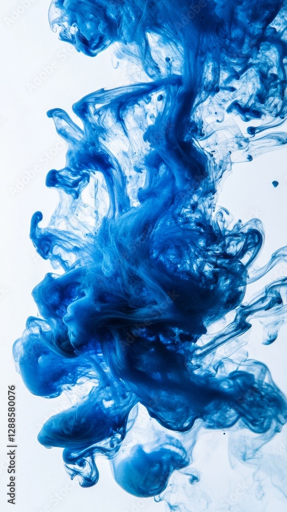 Poster blue ink swirling in clear water creating abstract shapes, fluid dynamics concept